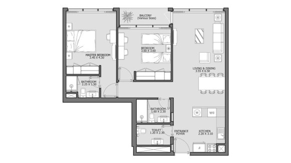 Apartment floor plan, 2 bedrooms in VERDANA 3 No. 11017 (2D)